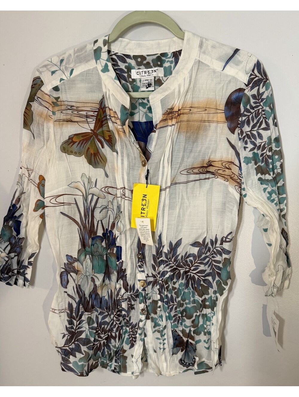 NEW Citron Santa Monica Bamboo Nylon Blouse PS Butterfly Crinkle Artsy Shirt Top